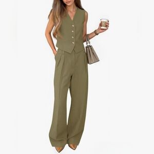 Olive Green Vest/Wide Leg Pant Set Size M